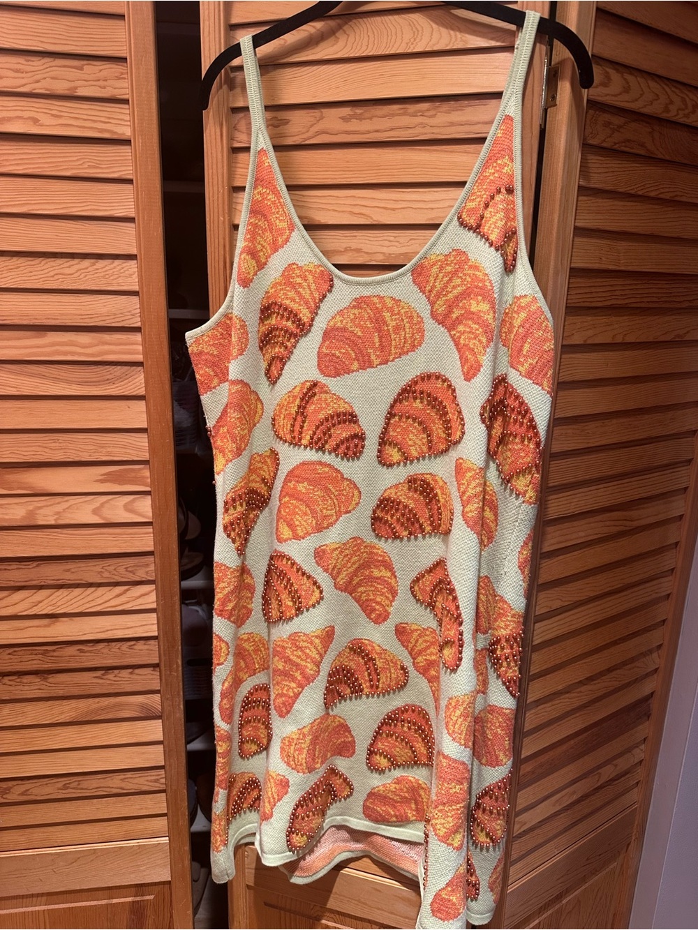 QUEEN OF SPARKLES Mint Green Slip Dress with Orange Croissant Print